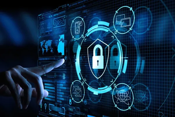 Hình ảnh minh họa công nghệ blockchain và tiền điện tử, có các khối dữ liệu liên kết và biểu tượng tiền điện tử, thể hiện tính minh bạch và an toàn